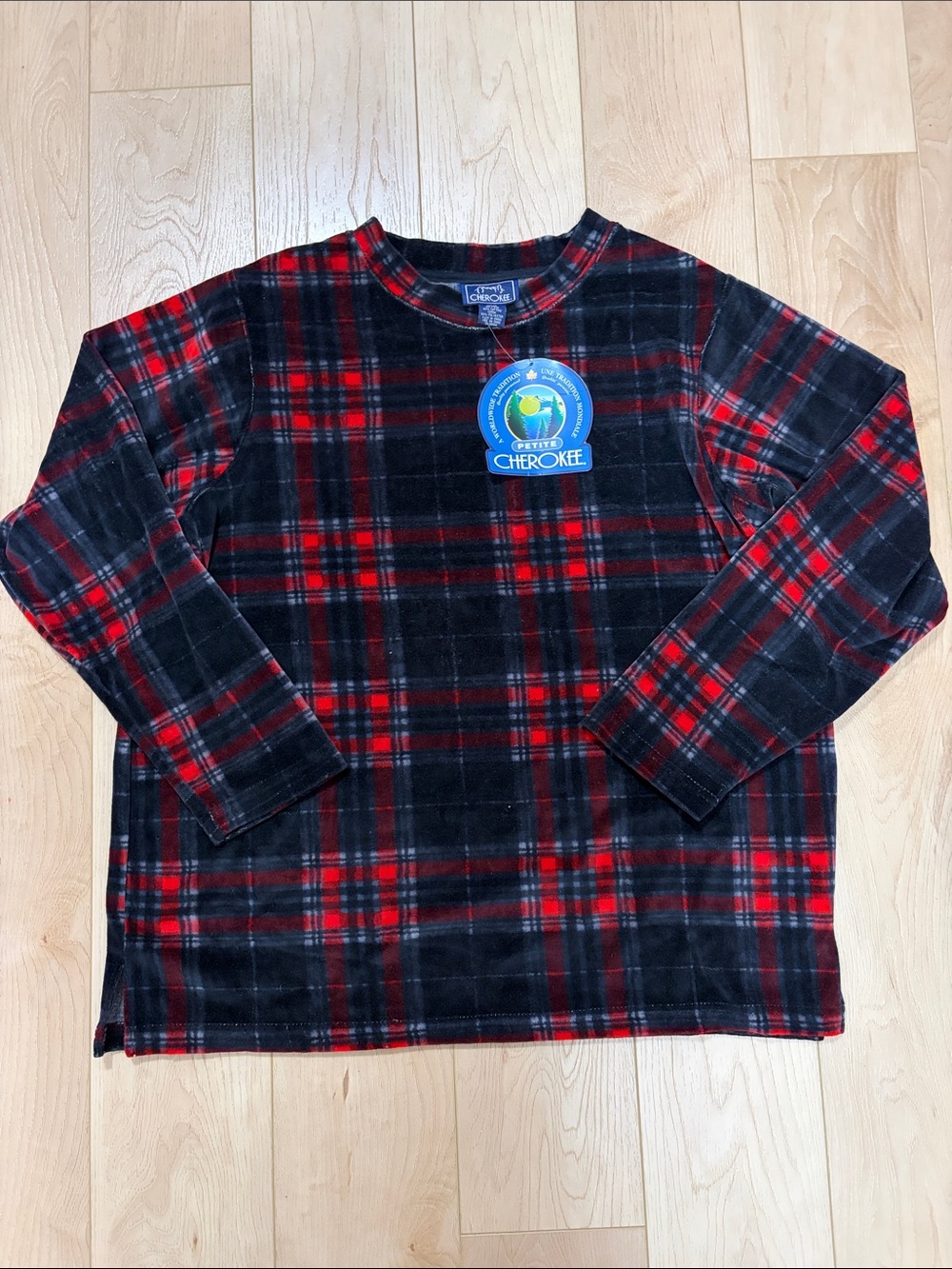 Cherokee Plaid Velvet Crewneck Top, sz XL Petite